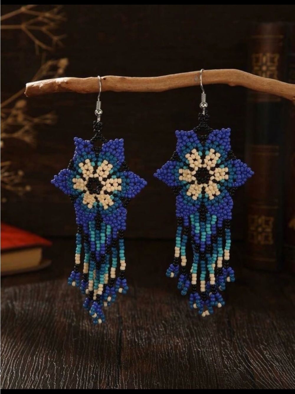 New! Boho Handmade Floral Blue & Cream Beaded Earrings